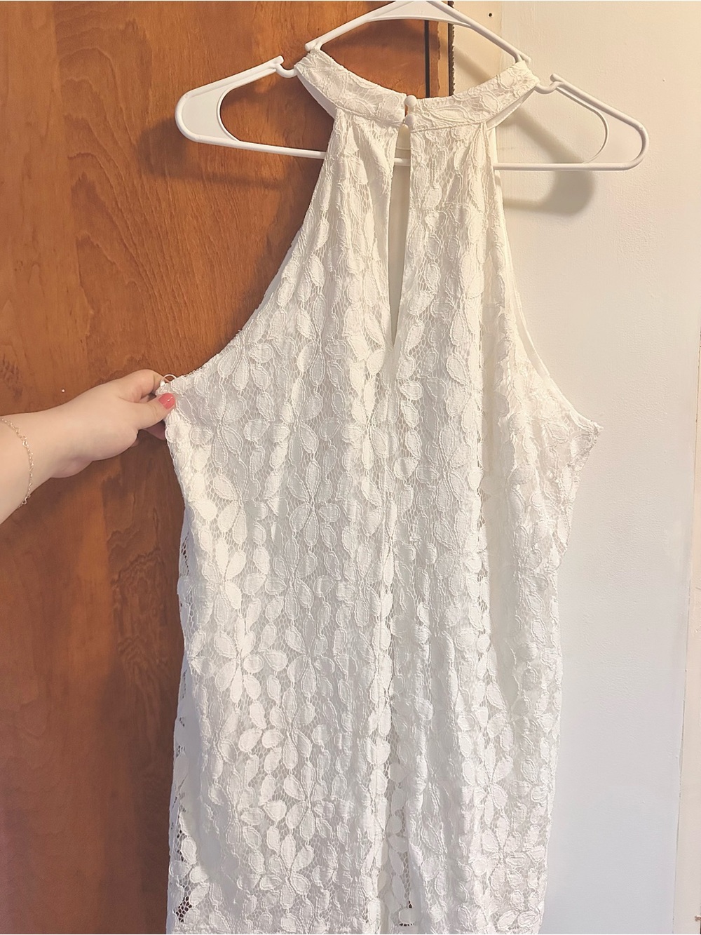Lulus Sleeveless White Lace Halter Shift Dress - Picture 3 of 5